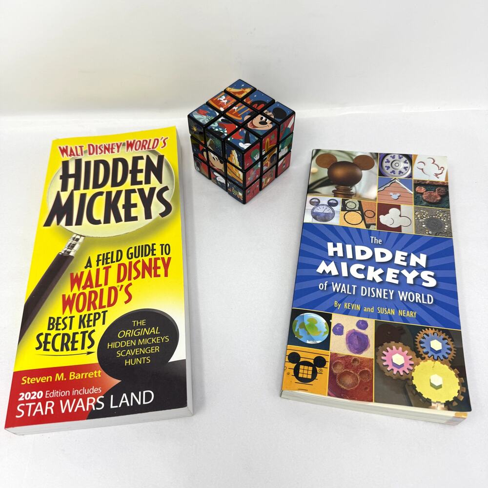 Disney Hidden Mickeys WDW Guide Books Lot + Disney Pixar Rubiks Cube Bundle
